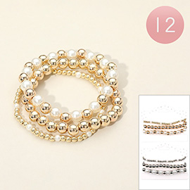 12 SET OF 3 - Pearl Metal Ball Beaded Stretch Multi Layered Bracelets