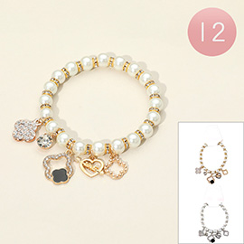 12PCS - Quatrefoil Heart Charm Pearl Beaded Stretch Bracelets