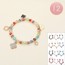 12PCS - Quatrefoil LOVE Heart Charm Faceted Beaded Stretch Bracelets