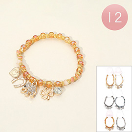 12PCS - Elephant Clover Horseshoe Heart Stone Charm Faceted Beaded Stretch Bracelets