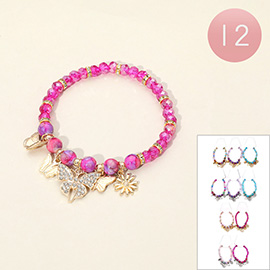 12PCS - Butterfly Flower Charm Faceted Beaded Stretch Bracelets