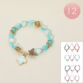 12PCS - Quatrefoil Charm Butterfly Ombre Ball Beaded Stretch Bracelets