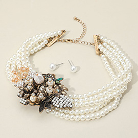 Vintage Floral Pearl Multi Layered Strand Choker Necklace