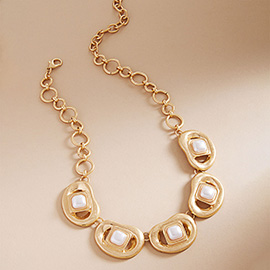 Square Metal Frame Pearl Accent Abstract Link Statement Necklace