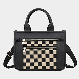Faux Leather Checkered Front Pocket Top Handle Crossbody Bag