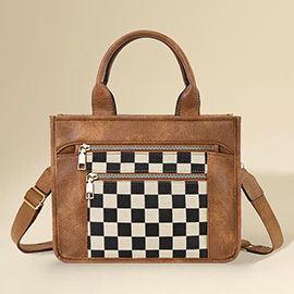 Faux Leather Checkered Front Pocket Top Handle Crossbody Bag