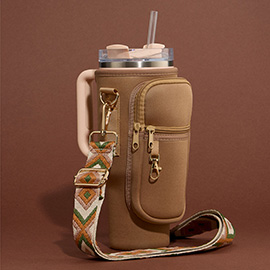 Solid Tumbler Carrier Holder Aztec Pattern Strap Crossbody Bag
