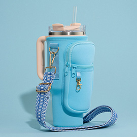 Solid Tumbler Carrier Holder Chevron Pattern Strap Crossbody Bag