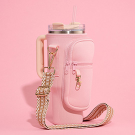 Solid Tumbler Carrier Holder Chevron Pattern Strap Crossbody Bag