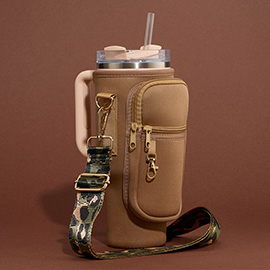 Solid Tumbler Carrier Holder Leopard Pattern Strap Crossbody Bag