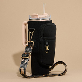 Solid Tumbler Carrier Holder Leopard Pattern Strap Crossbody Bag