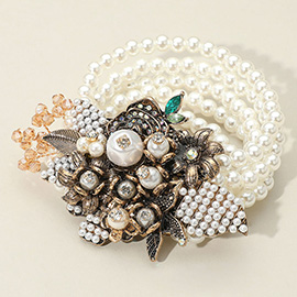 Vintage Floral Pearl Multi Layered Strand Stretch Bracelet