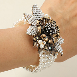 Vintage Floral Pearl Multi Layered Strand Stretch Bracelet