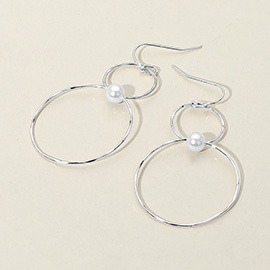 Pearl Accent Metal Wire Ring Link Dangle Earrings