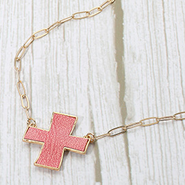 Faux Leather Cross Pendant Paperclip Chain Necklace