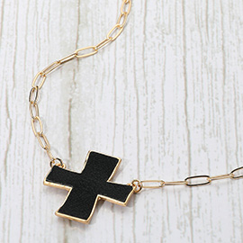 Faux Leather Cross Pendant Paperclip Chain Necklace