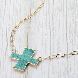 Faux Leather Cross Pendant Paperclip Chain Necklace