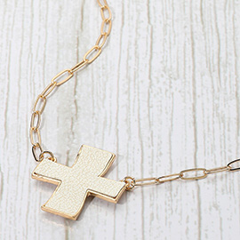 Faux Leather Cross Pendant Paperclip Chain Necklace