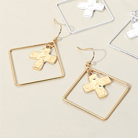 Hammered Cross Metal Wire Square Dangle Earrings