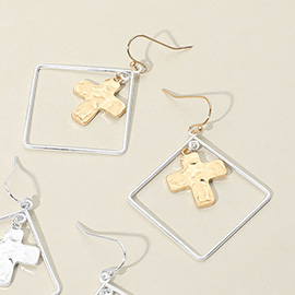 Hammered Cross Metal Wire Square Dangle Earrings