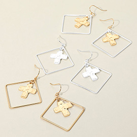 Hammered Cross Metal Wire Square Dangle Earrings
