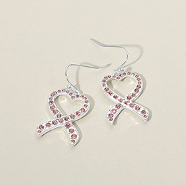 Stone Paved Heart Pink Ribbon Dangle Earrings