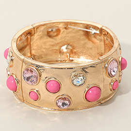 Gemstone Studded Wide Bangle Statement Stretch Bracelet