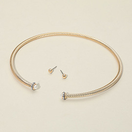 Metal Twisted Pearl Ends Wire Choker Necklace