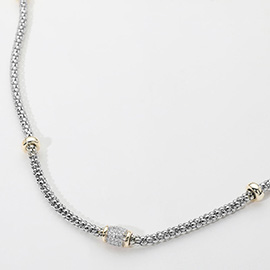 14K Gold Plated Two Tone CZ Stone Bead Accent Textured Chain Necklace