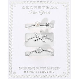 SECRET BOX_3PCS Genuine Silver Dipped Pearl Sea Shell Starfish Stackable Fashion Ring Set