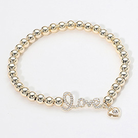 Stone Paved LOVE Message Heart Charm Accent Beaded Stretch Bracelet
