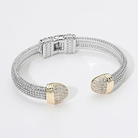 CZ Stone Paved Tip Two Tone Hinged Cuff Bracelet