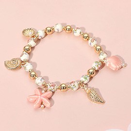 Conch Sea Shell Starfish Charm Ceramic Ball Stretch Bracelet