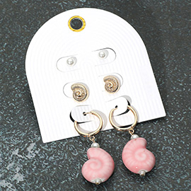 3Pairs - Pearl Metal Swirl Shell Stud Ceramic Dangle Earring Set