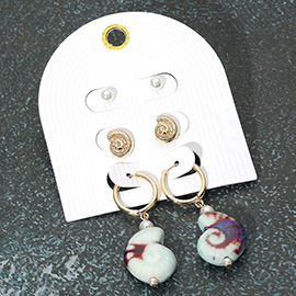 3Pairs - Pearl Metal Swirl Shell Stud Ceramic Dangle Earring Set