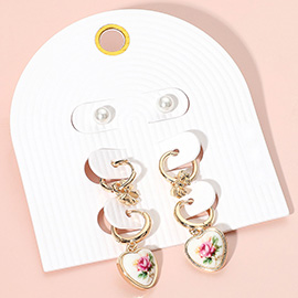 3Pairs - Pearl Stud Metal Bow Dangle Floral Ceramic Heart Dangle Earring Set