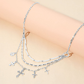 Cross Charm Metal Pearl Beaded Multi Layered Necklace