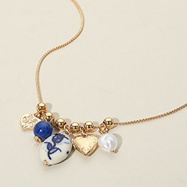 Floral Oval Ceramic Pearl Heart Locket Charm Beaded Necklace