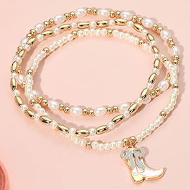 3PCS - Enamel Bow Cowboy Boot Pearl Beaded Multi Layered Bracelet