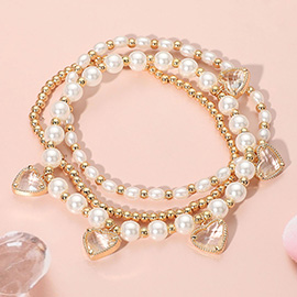 3PCS - Heart Stone Charm Pearl Metal Ball Beaded Multi Layered Bracelet