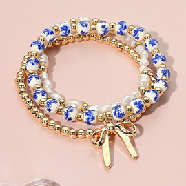 3PCS - Bow Charm Pearl Ceramic Metal Ball Beaded Stretch Multi Layered Bracelets
