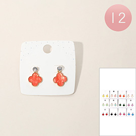 12PCS - Round Stone Quatrefoil Charm Drop Earrings