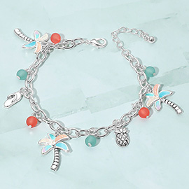 Tropical Palm Tree Flip Flop Pineapple Beads Charm Bracelet