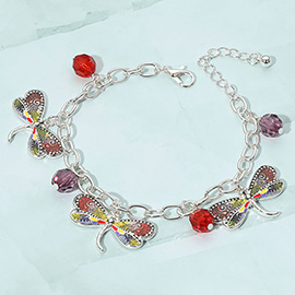 Enamel Dragonfly Faceted Beads Charm Station Bracelet