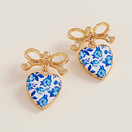 Vintage Floral Heart Drop Bow Earrings