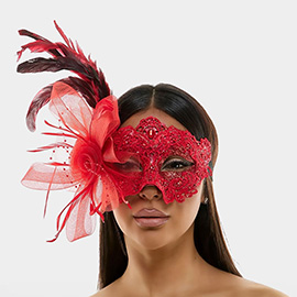 Feather Flower Embellishment Lace Masquerade Halloween Party Mask