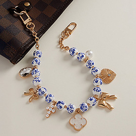 Mother of Pearl Quatrefoil Pearl Cross Metal Bow Heart Charm Floral Ceramic Ball Beaded Bag Charm