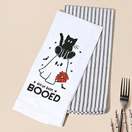 2PCS - BOOED Halloween Ghost Black Cat Printed Striped Kitchen Towel Set