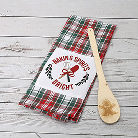 2PCS - BAKING SPITIRS BRIGHT Message Checkered Kitchen Towel Wooden Spoon Set