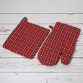 2PCS - Classic Checkered Pattern Quilted Oven Mitt Pot Holder Set